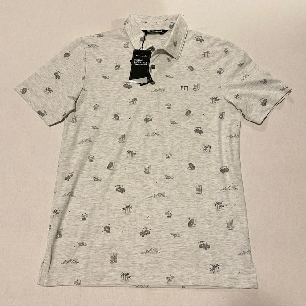 TravisMathew Stolen Time Tropical Golf Polo Heather White Small Travis Matthew